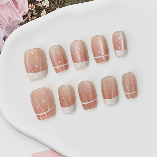 Ethereal Elegance Short Square Pink Gradient Press-On Nail Set with Chic White Tips