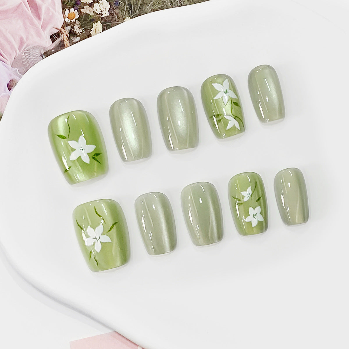 Garden Elegance Short Square Muted Green Floral Press On Nail Set with Ombr√© Finish