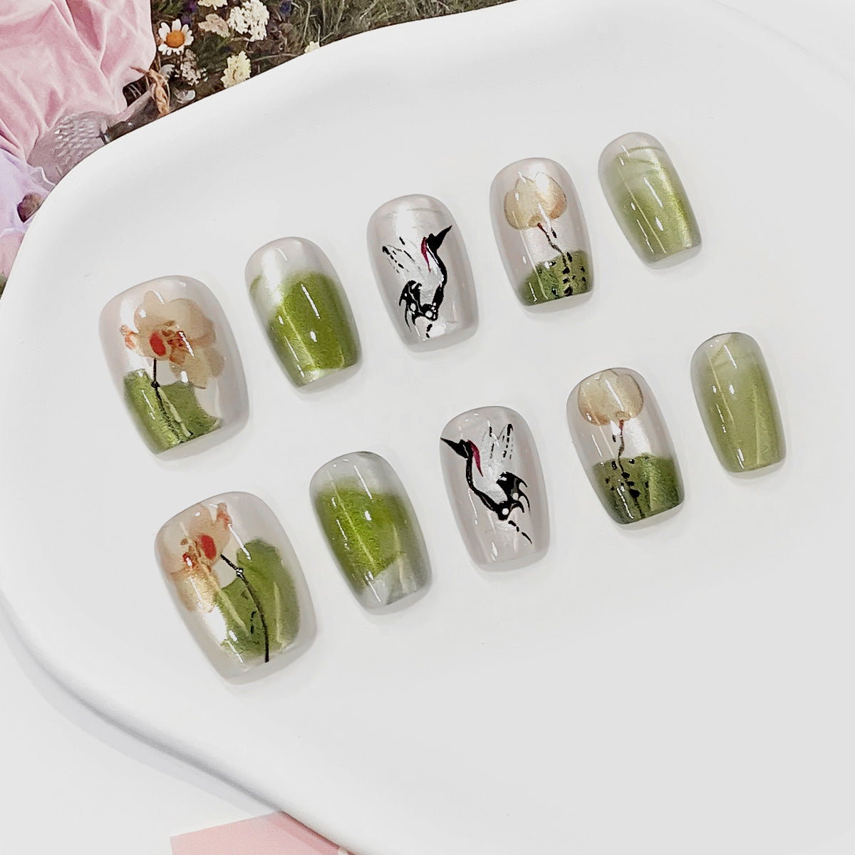 Elegant Garden Inspired Short Square Ballerina Green and Clear with Botanical Art Nail Set
