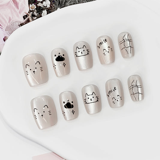 Whimsical Cat-Themed Press On Nail Set Short Square Shaped Beige with Playful Kitty Illustrations