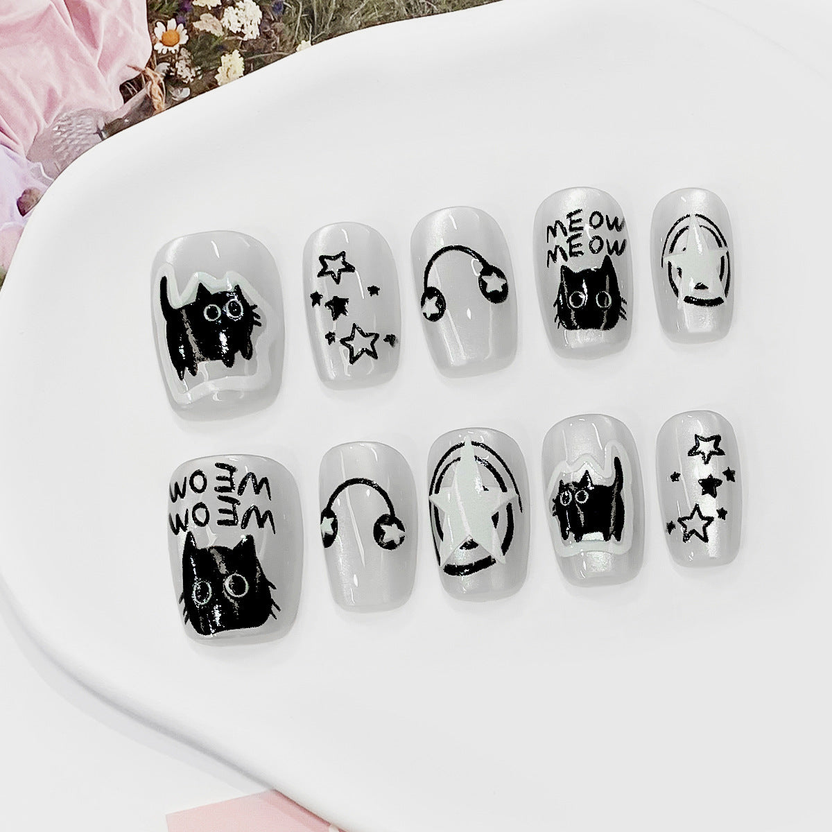 Whimsical Feline Fantasy Short Square Gray with Playful Cat Designs Press on Nail Set