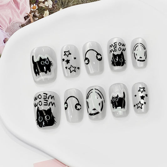 Whimsical Feline Fantasy Short Square Gray with Playful Cat Designs Press on Nail Set