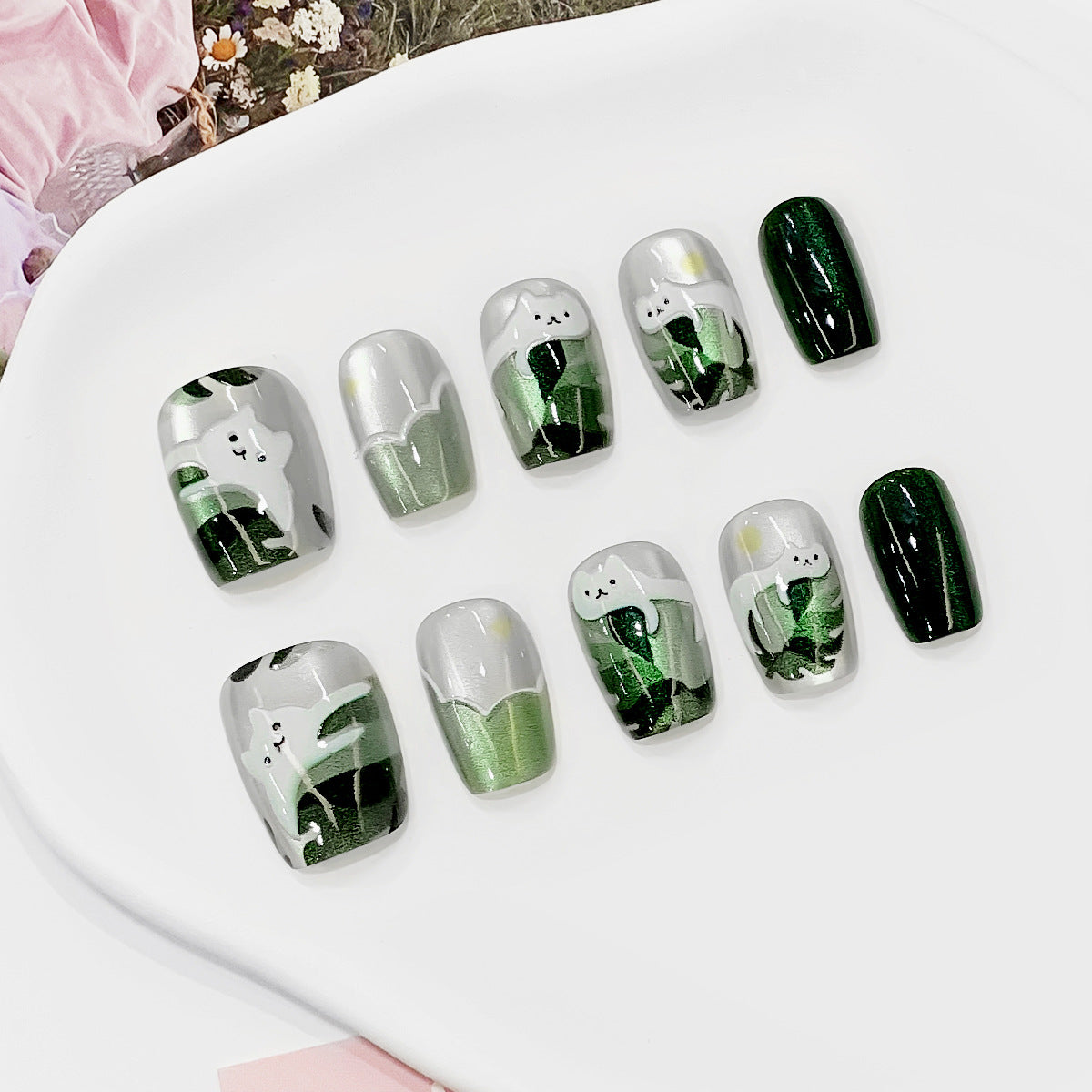 Enchanted Garden Glossy Short Square Green Press-On Nail Set Featuring Whimsical Cat Design