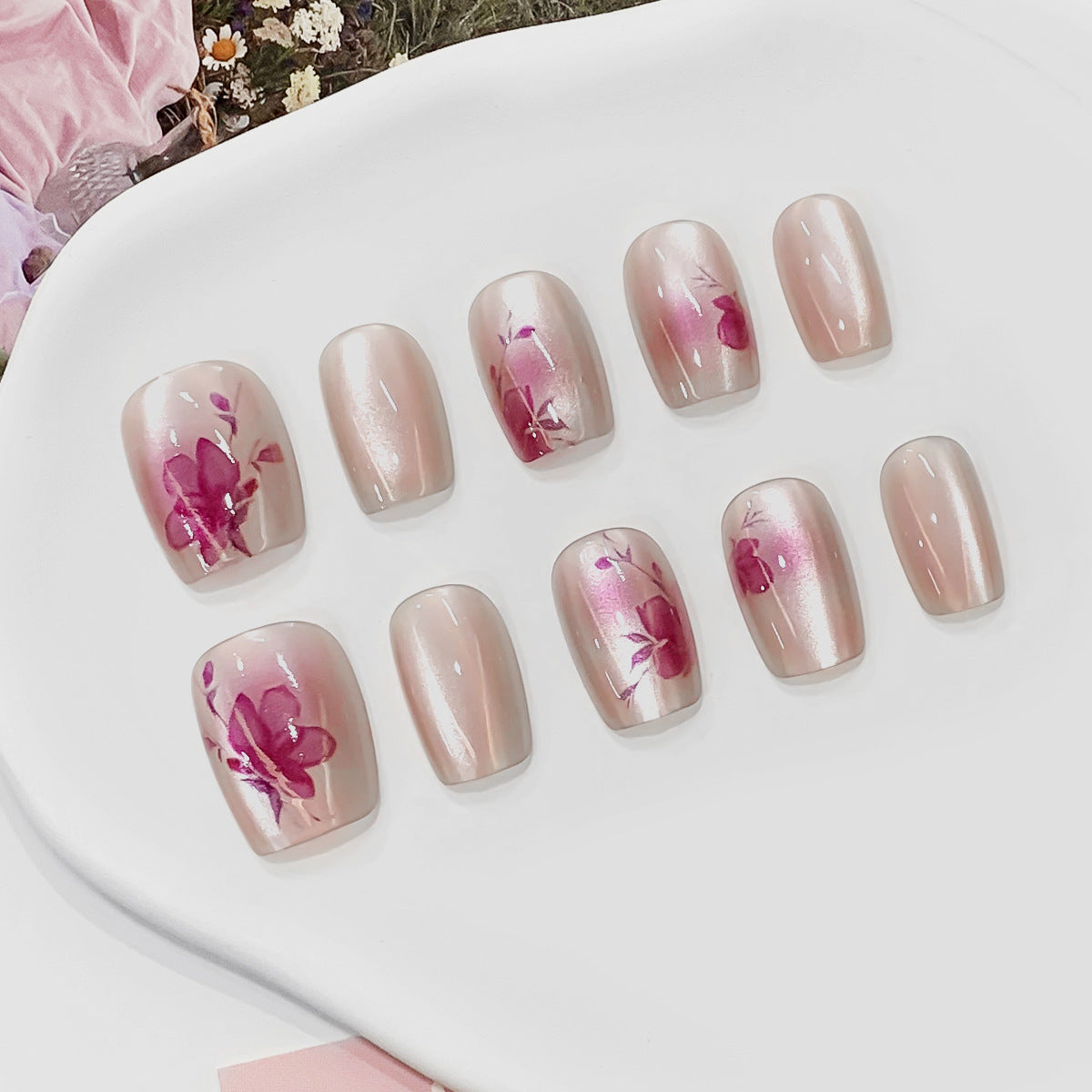 Enchanted Garden Elegant Short Square Soft Pink Press On Nail Set with Floral Design