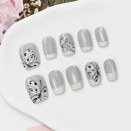 Enchanted Garden Short Square Gray Butterfly Design Press-On Nail Set