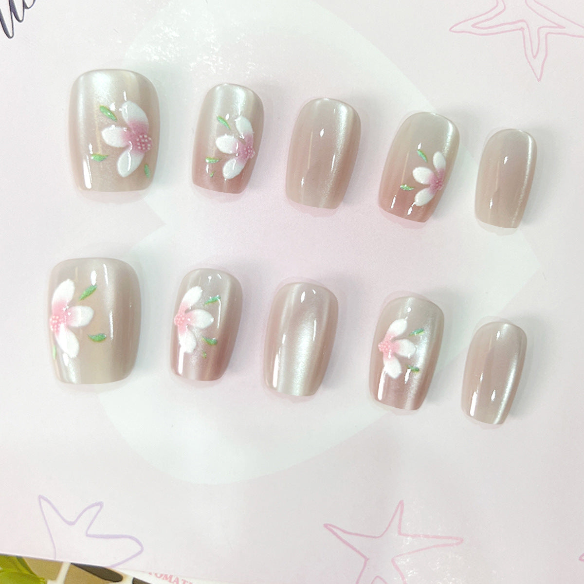 Whimsical Blossoms Elegant Short Square Shaped Soft Pink Press On Nail Set with Intricate Floral Design