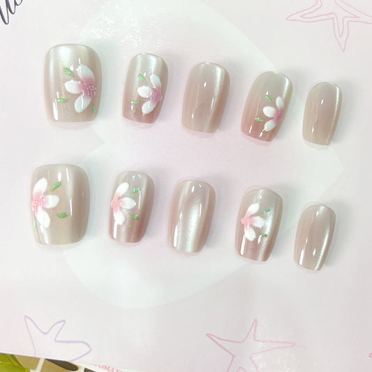 Whimsical Blossoms Elegant Short Square Shaped Soft Pink Press On Nail Set with Intricate Floral Design