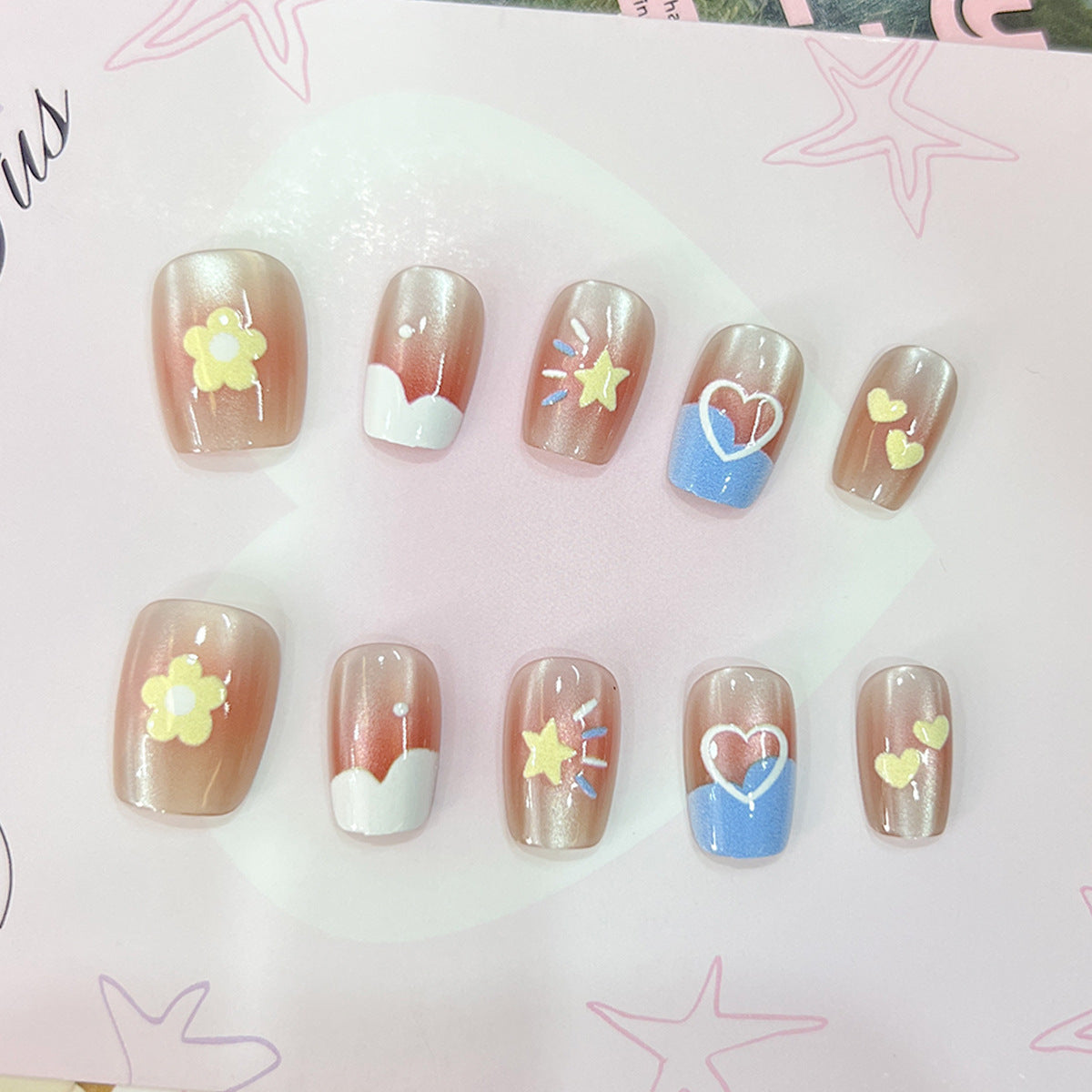 Tropical Dream Short Square Beige Press On Nail Set with Whimsical Floral and Heart Designs