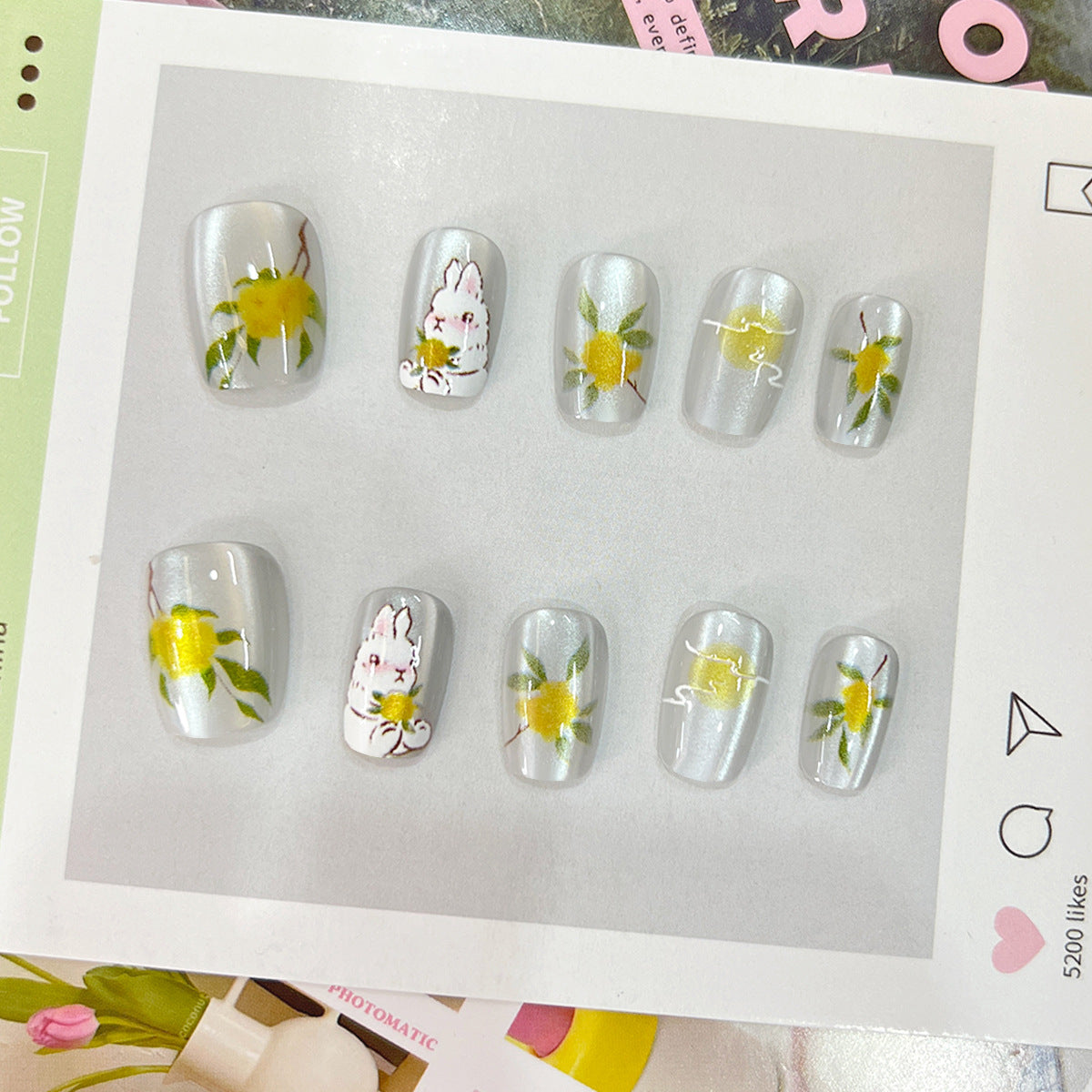 Sunny Citrus Delight Short Square Yellow Floral Press On Nail Set with Adorable Bunny Design