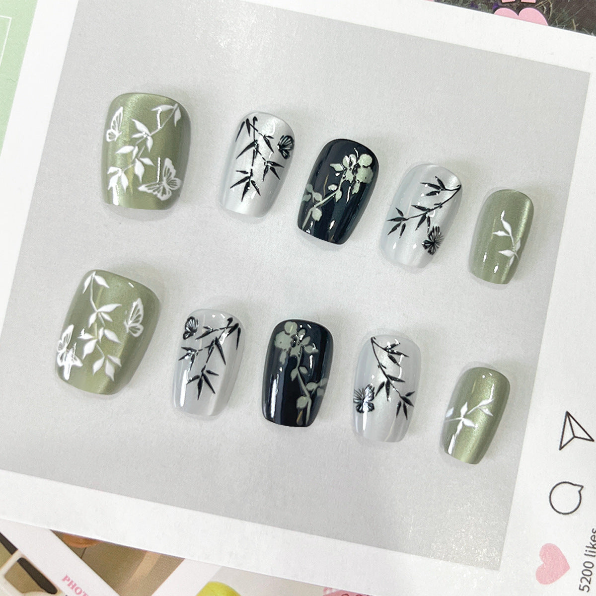 Serene Nature Inspired Extra Short Square Green and Black Press On Nail Set with Intricate Floral Designs