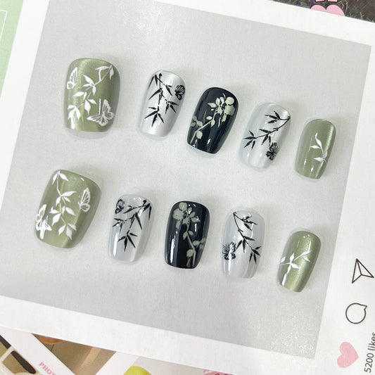 Serene Nature Inspired Extra Short Square Green and Black Press On Nail Set with Intricate Floral Designs