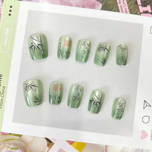Zen Garden Inspired Press On Nail Set in Short Square Green with Elegant Bamboo Design