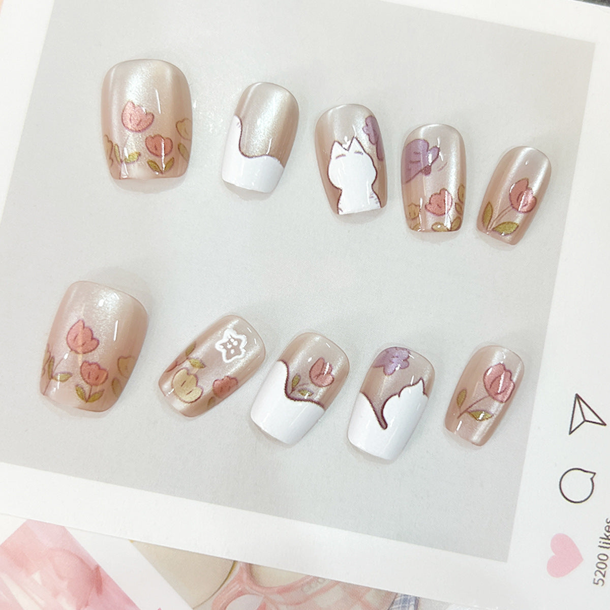 Charming Garden Inspired Short Square Coffin Press On Nail Set in Soft Beige with Floral Artwork