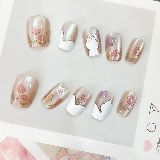 Charming Garden Inspired Short Square Coffin Press On Nail Set in Soft Beige with Floral Artwork