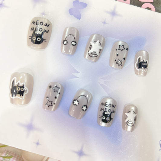 Whimsical Cat Theme Short Square Gray Press on Nail Set with Adorable Star and Cat Designs