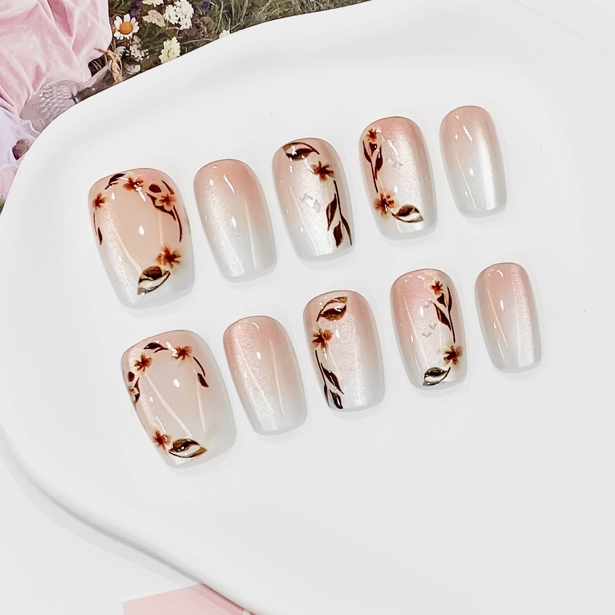 Blossom Dreams Medium Square Pink Ombre Press On Nail Set with Floral Art Design