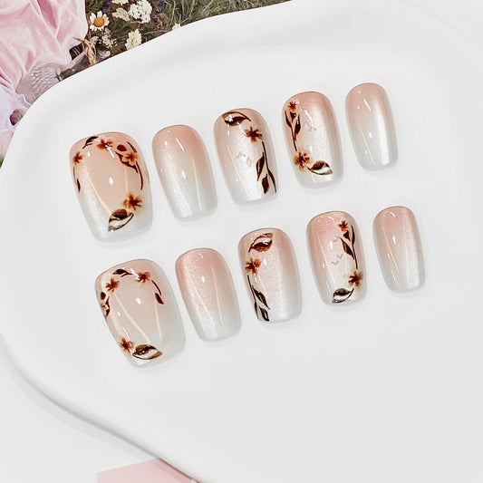 Blossom Dreams Medium Square Pink Ombre Press On Nail Set with Floral Art Design
