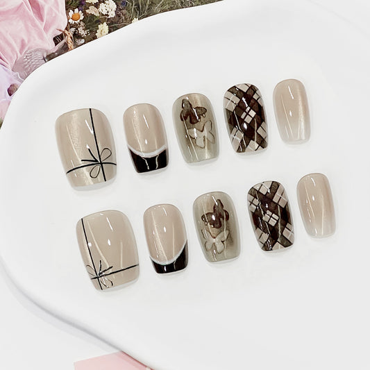 Chic Elegance Medium Square Almond Beige and Brown Plaid Design Press-On Nail Set
