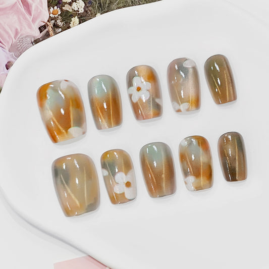 Autumn Charm Medium Coffee Brown Square Press On Nail Set with Floral Accent
