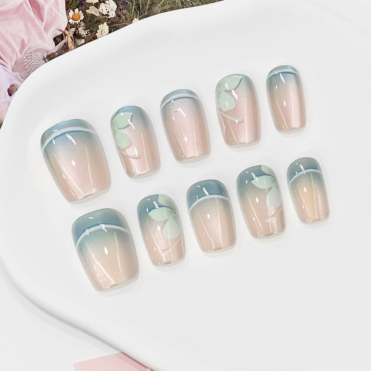Botanical Bliss Medium Square Pastel Pink with Leaf Design Press On Nail Set