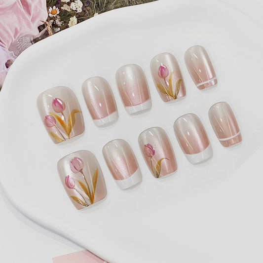 Enchanting Floral Elegance Medium Square Blush Pink with Delicate Tulip Design Press on Nail Set
