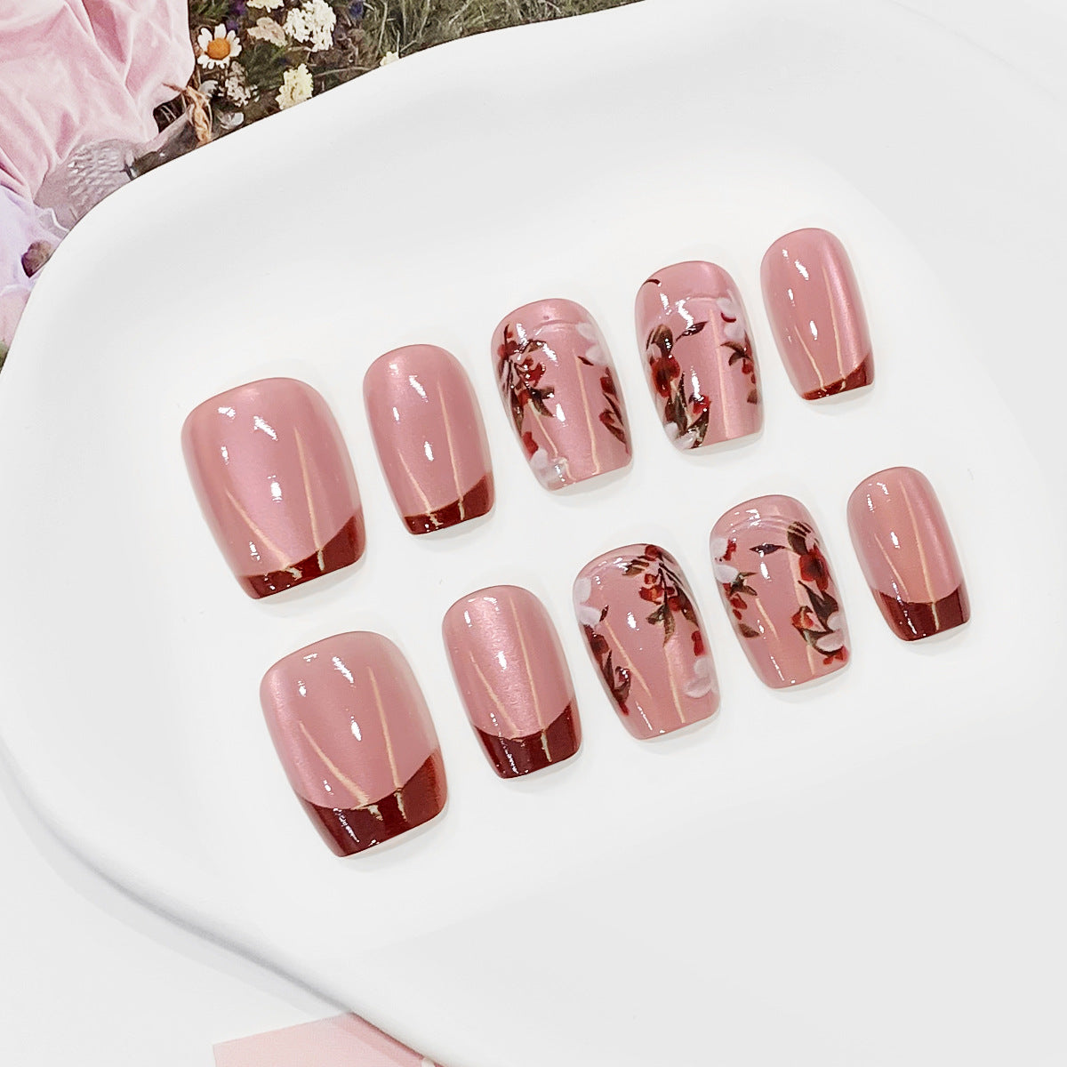 Blossom Elegance Medium Square Pink Ombre Press On Nail Set with Floral Accents