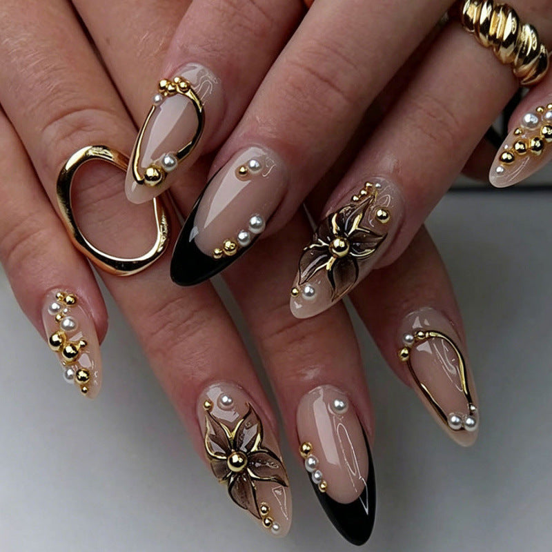 Glamorous Stiletto Long Beige with Gold Accents and Floral Design Press on Nail Set