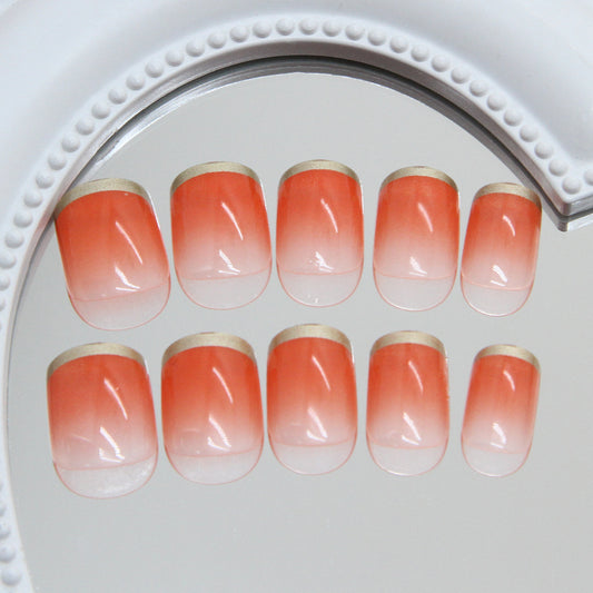 Tropical Sunset Short Squoval Coral Ombre Nails with Elegant Gold Tips