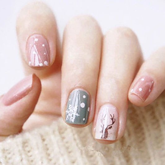 Enchanted Forest Short Oval Pastel Pink and Grey Press On Nail Set with Nature Art Accents