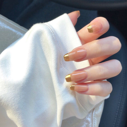 Elegant Affair Long Oval Beige Press On Nails with Gold Tips