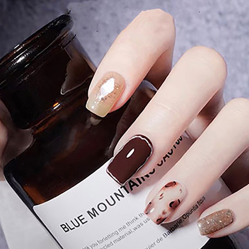 Autumn Elegance Medium Square Beige Press On Nail Set with Glitter Accent and Marble Effect