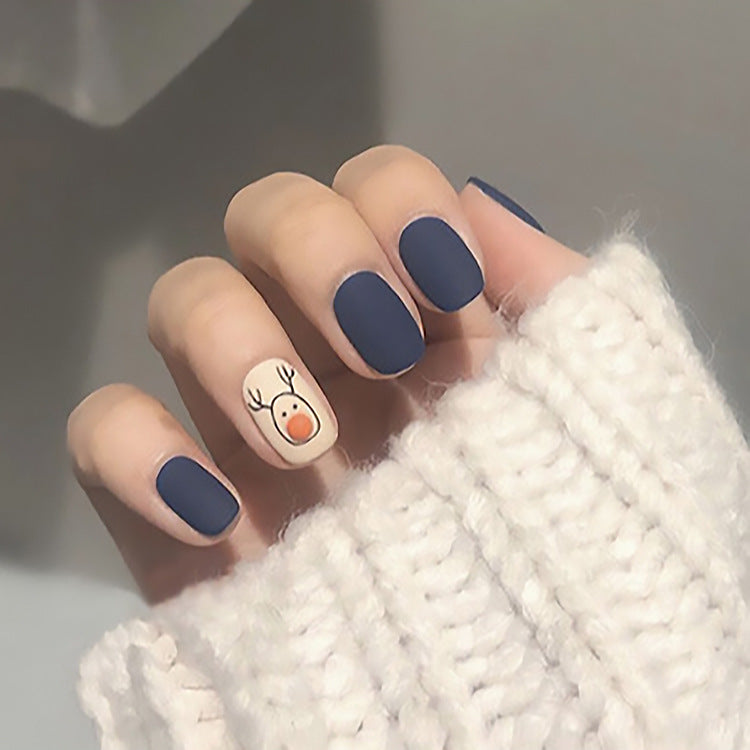 Winter Wonderland Short Round Matte Navy Blue Press On Nails with Adorable Reindeer Accent Design