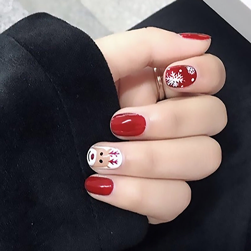 Winter Wonderland Short Round Burgundy Press On Nails with Snowflake and Reindeer Accents