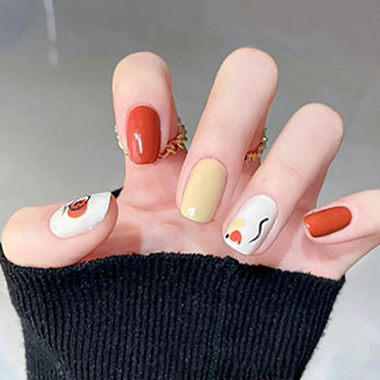 Autumn Elegance Short Round Burnt Orange & Cream Press On Nail Set with Unique Swirl Accents