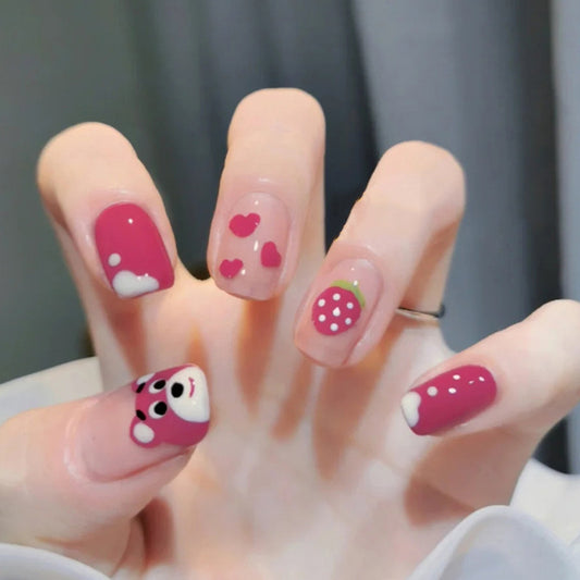Sweet Delight Short Round Pink Press On Nail Set with Adorable Fruit and Animal Accent Designs