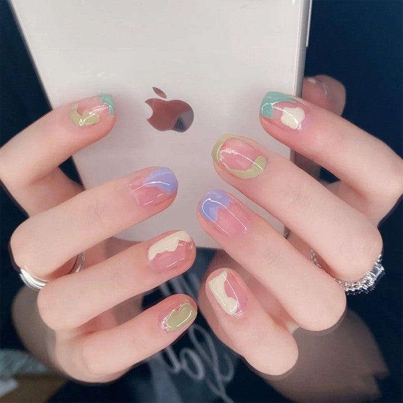 Enchanted Pastel Sky Short Oval Multicolor Marble Effect Press On Nails Set
