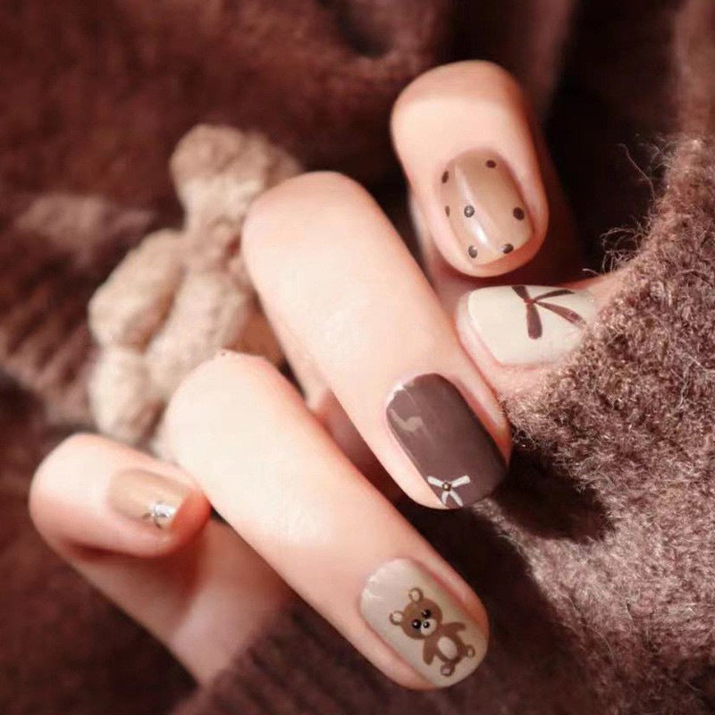 Autumn Whimsy Short Oval Brown Press On Nails with Playful Animal Accents