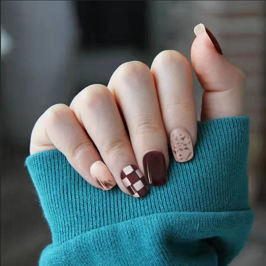 Bohemian Charm Short Square Brown Beige with Unique Geometric Patterns Press-On Nail Set