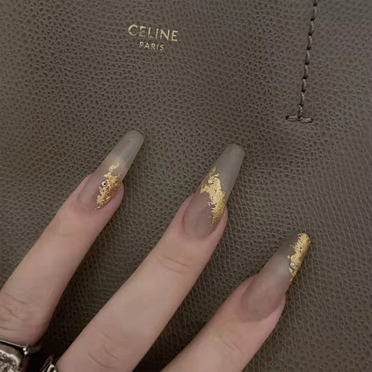 Elegant Affair Extra Long Coffin Grey Press On Nails with Gold Flake Accents