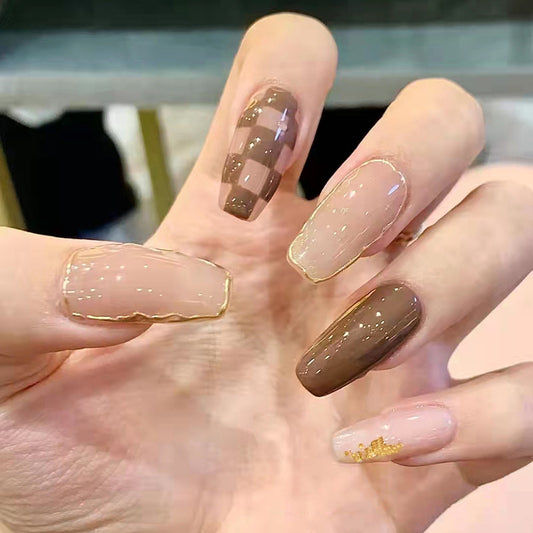 Glamorous Gold Sparkle Long Coffin Brown Press on Nail Set with Glitter Accents