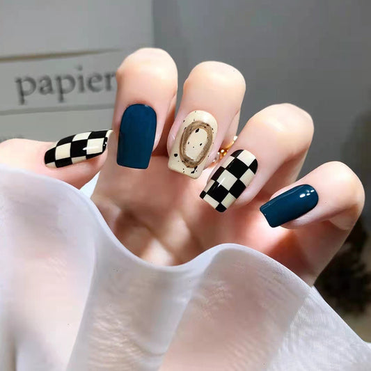 Vintage Coffeehouse Short Square Matte Navy and Beige Checkered Press On Nails with Latte Art Accent
