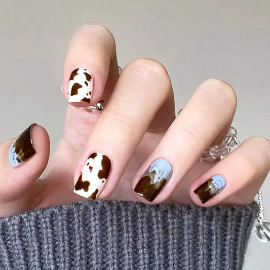 Safari Adventure Short Square Press On Nail Set Brown and White Cow Print with Reflective Mirror Accent