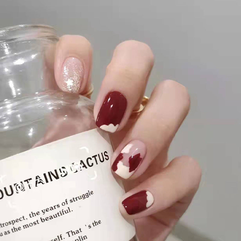 Valentine's Romance Short Square Burgundy and Pink Glitter Press-On Nail Set with Heart Accents