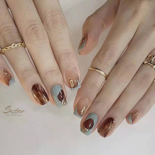 Elegant Marble Elegance Short Square Multicolor Press On Nail Set with Accents of Gold Foil