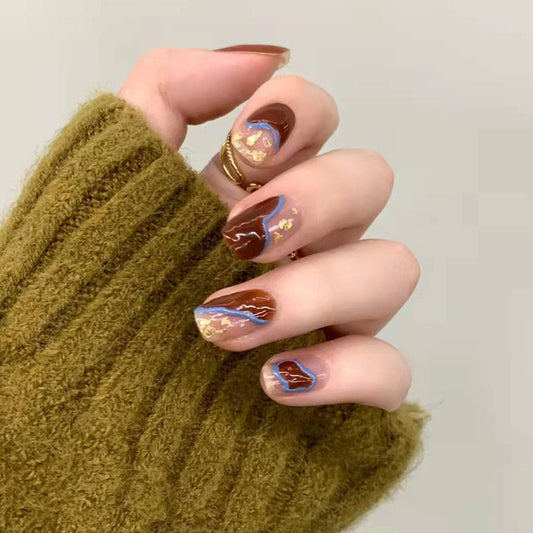 Autumn Elegance Short Round Brown Press On Nails with Gold Foil Accents