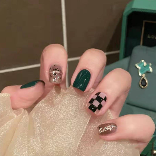 Elegant Affair Short Round Deep Green and Beige Press On Nail Set with Plaid and Glitter Accents