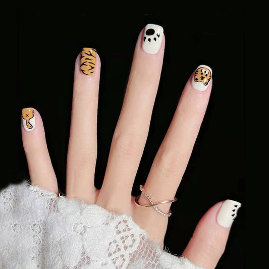 Safari Adventure Short Round Beige Press On Nail Set with Animal Face Accents