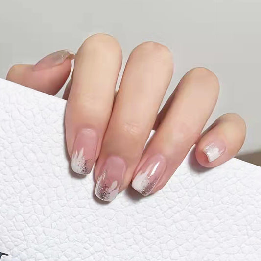 Winter Elegance Medium Length Oval Beige Press On Nail Set with Glitter Accents