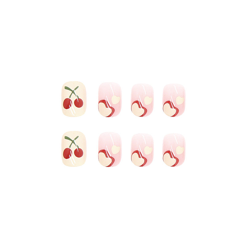 Summer Picnic Short Round Pink Press On Nails with Cherry Accent Design