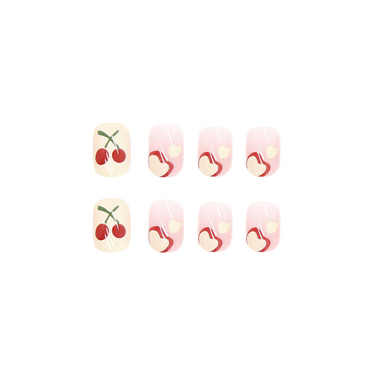 Summer Picnic Short Round Pink Press On Nails with Cherry Accent Design